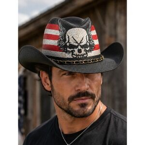 USA Flag Skull Wing Toyo Black Western Cowboy Hat Gold Chain Band Shapeable Brim